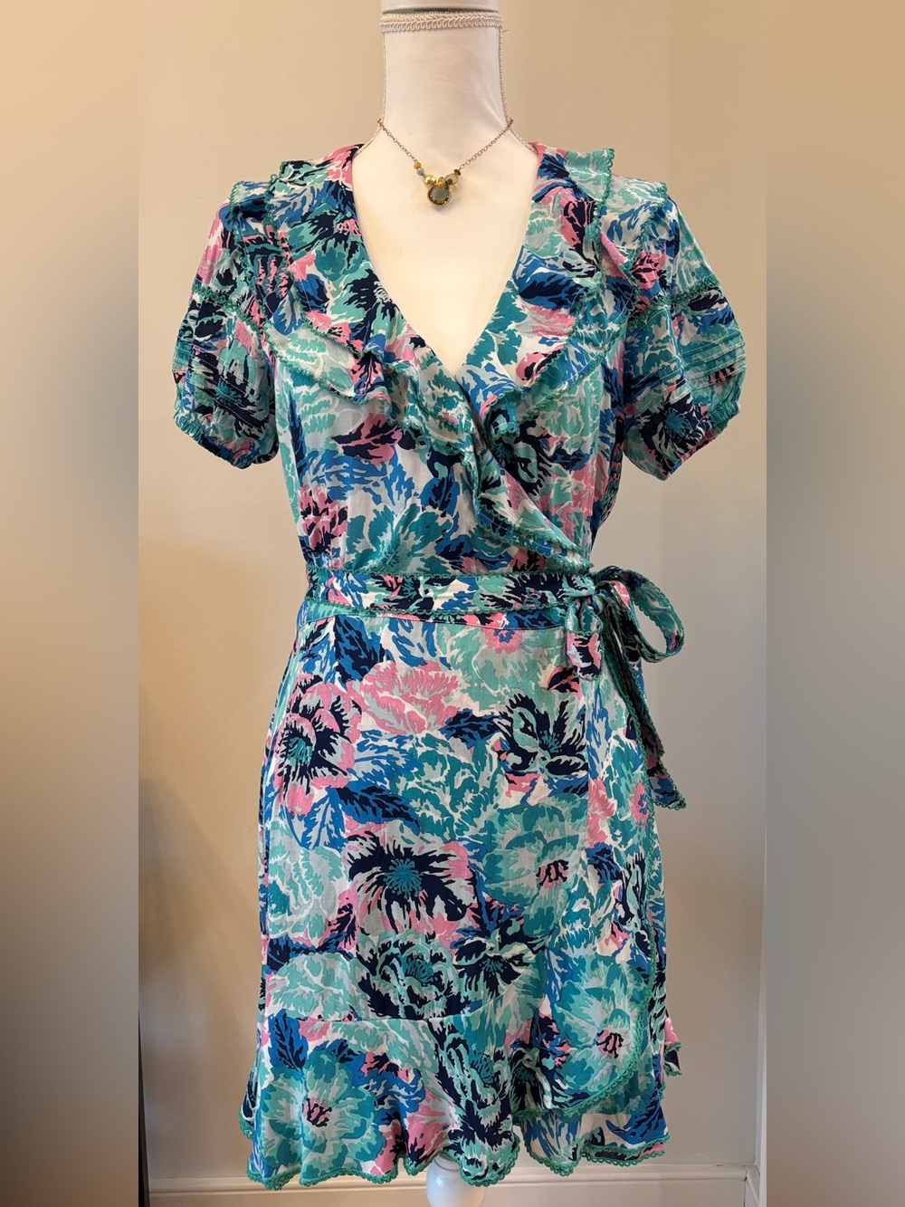 Poupette St. Barth Aude Floral Wrap MiniDress, Size S, Handmade Beach Resort